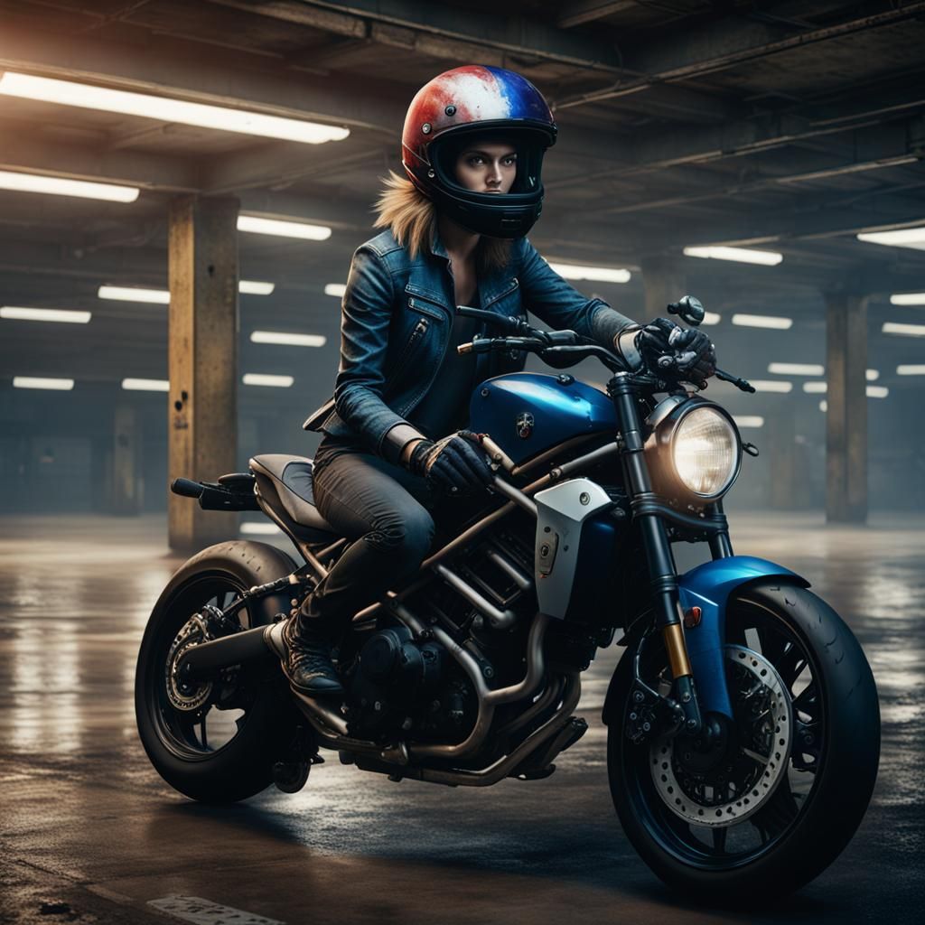 Motorcyclist with Helmet in Parking Garage: Matte Painting