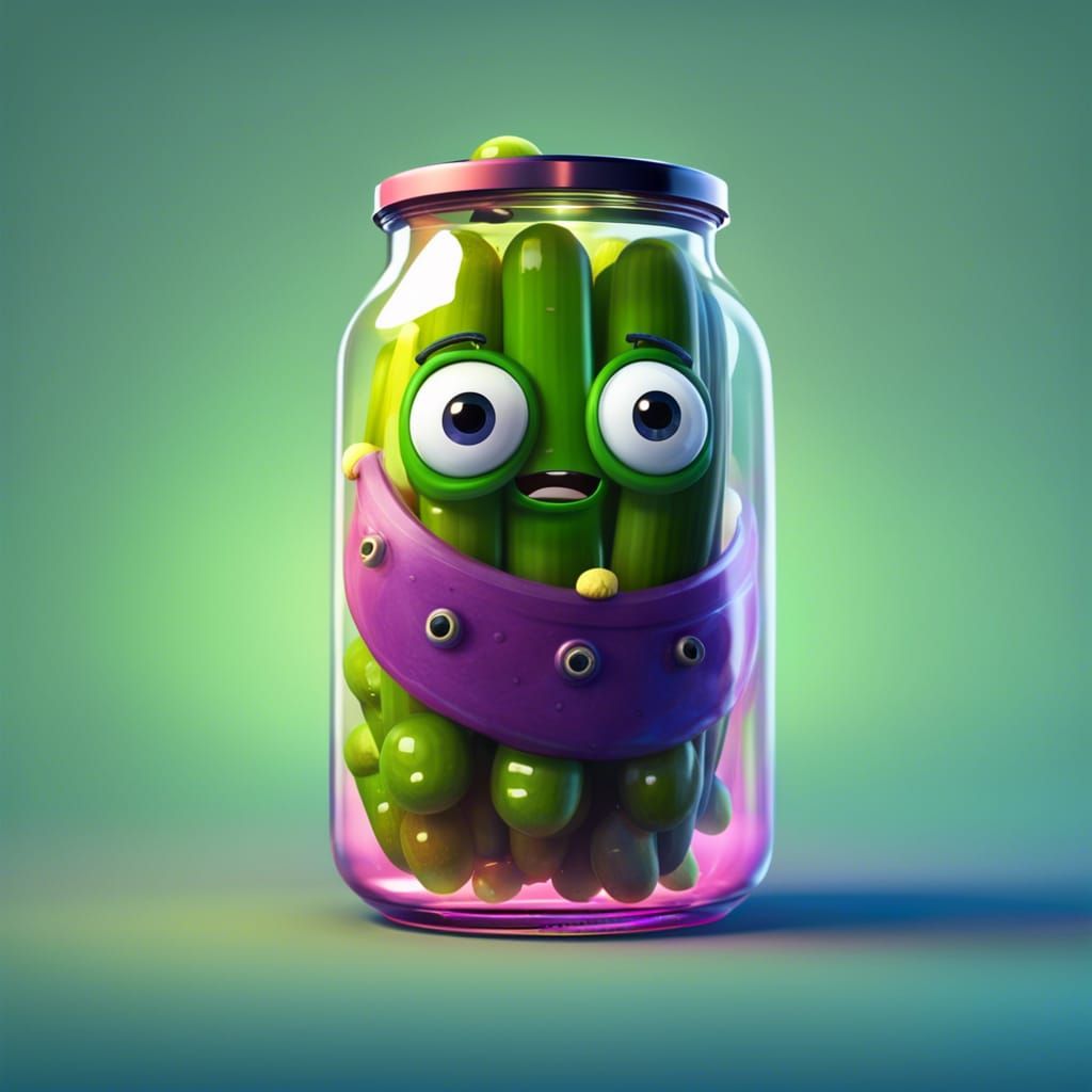 Adorable Pickle Character in Jar: 3D Digital Art