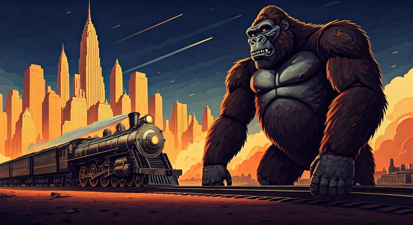 Cyborg King Kong Destroys Art Deco Train in 1930s New York