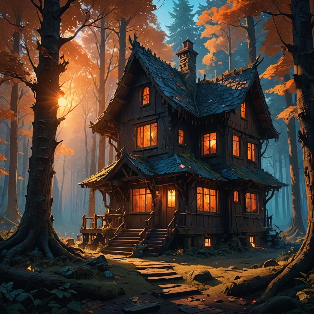 Mystical Forest Home at Sunset, Fantasy Concept Art