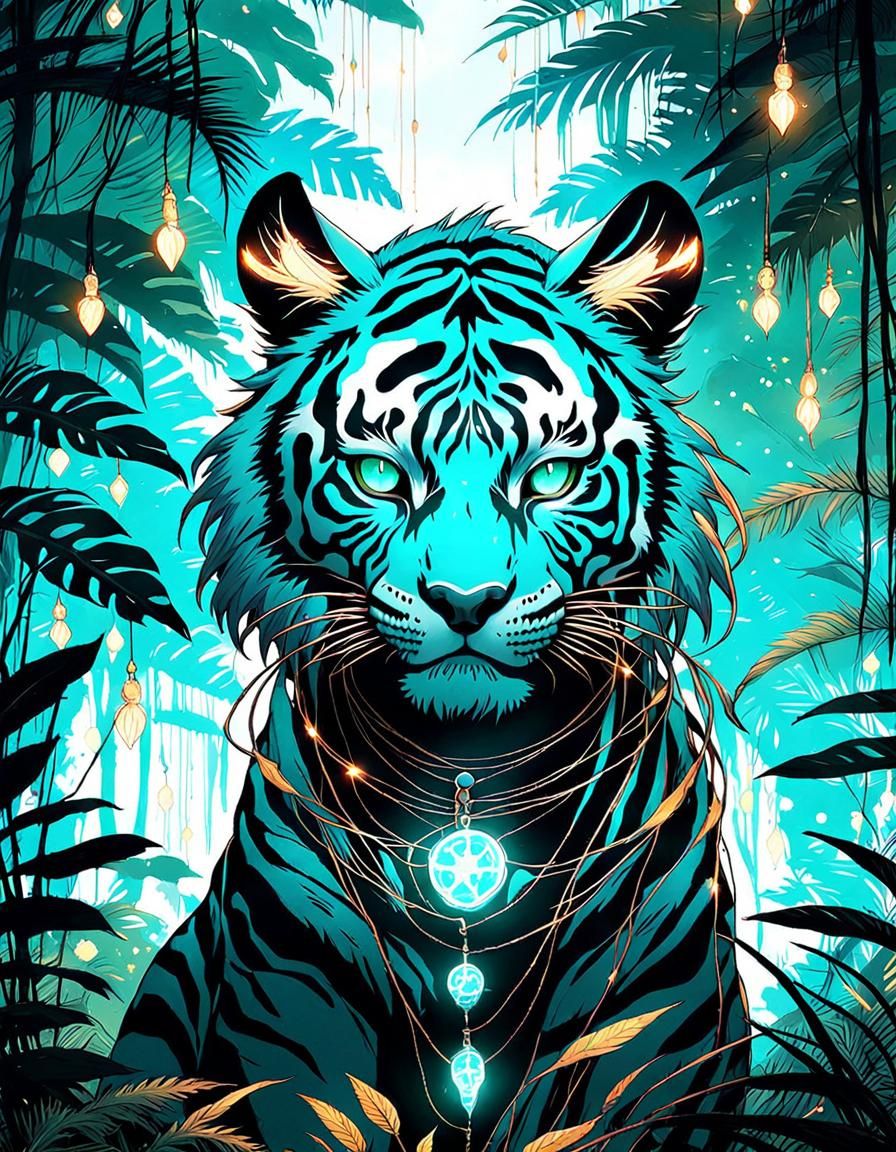 Bioluminescent Chibi Tigress in Skull Jungle, Anime Style