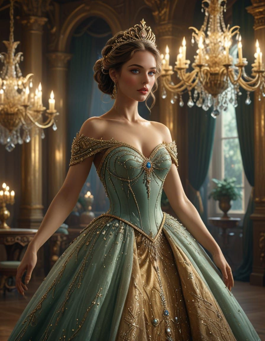 Princess in Sage Ball Gown Dances in Fantasy Ballroom