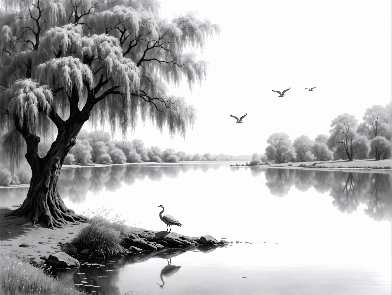 Serene Monochromatic Landscape with Weeping Willow Tree