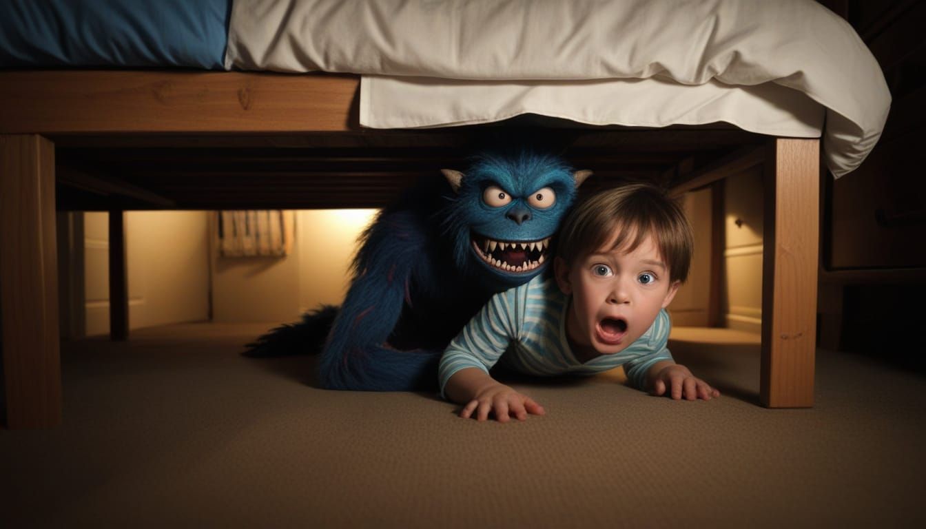 A Frightened Child Faces a Monster Under the Bed