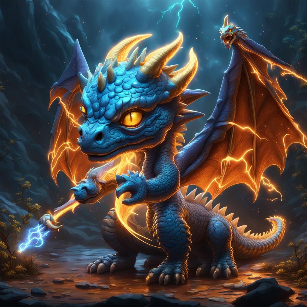 Luminescent Lightning Dragon with Staff: Fantasy Art