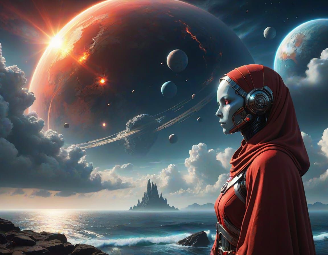 Cyberpunk Cyborg Overlooks Mysterious Archway