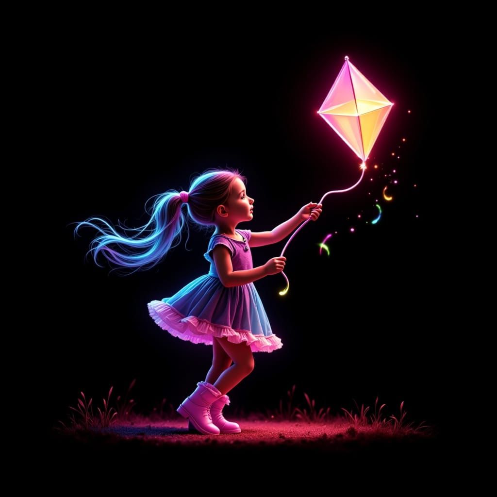 Neon Girl Flying Kite in Whimsical Fantasy Style
