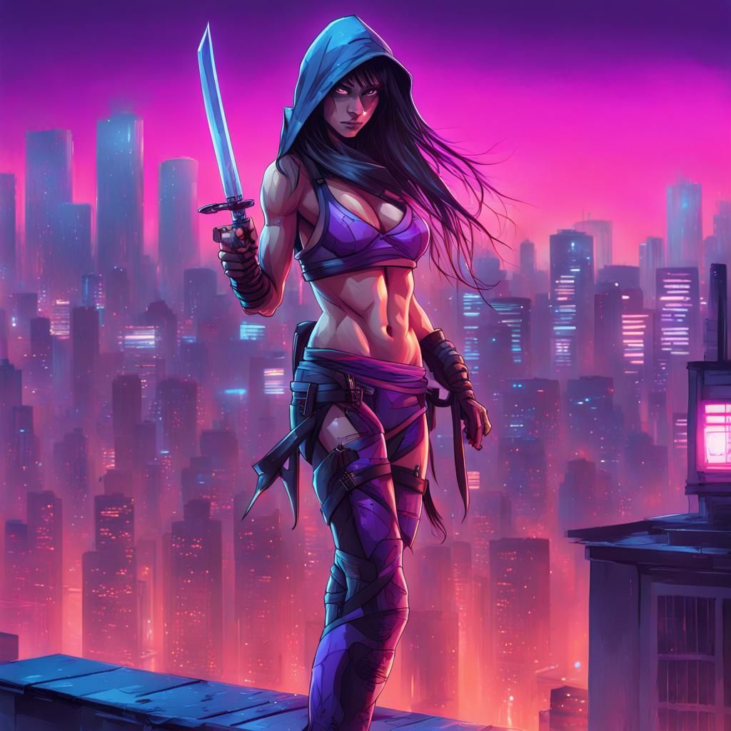 Ninja Assassin in Neon City, Graffiti Art Style