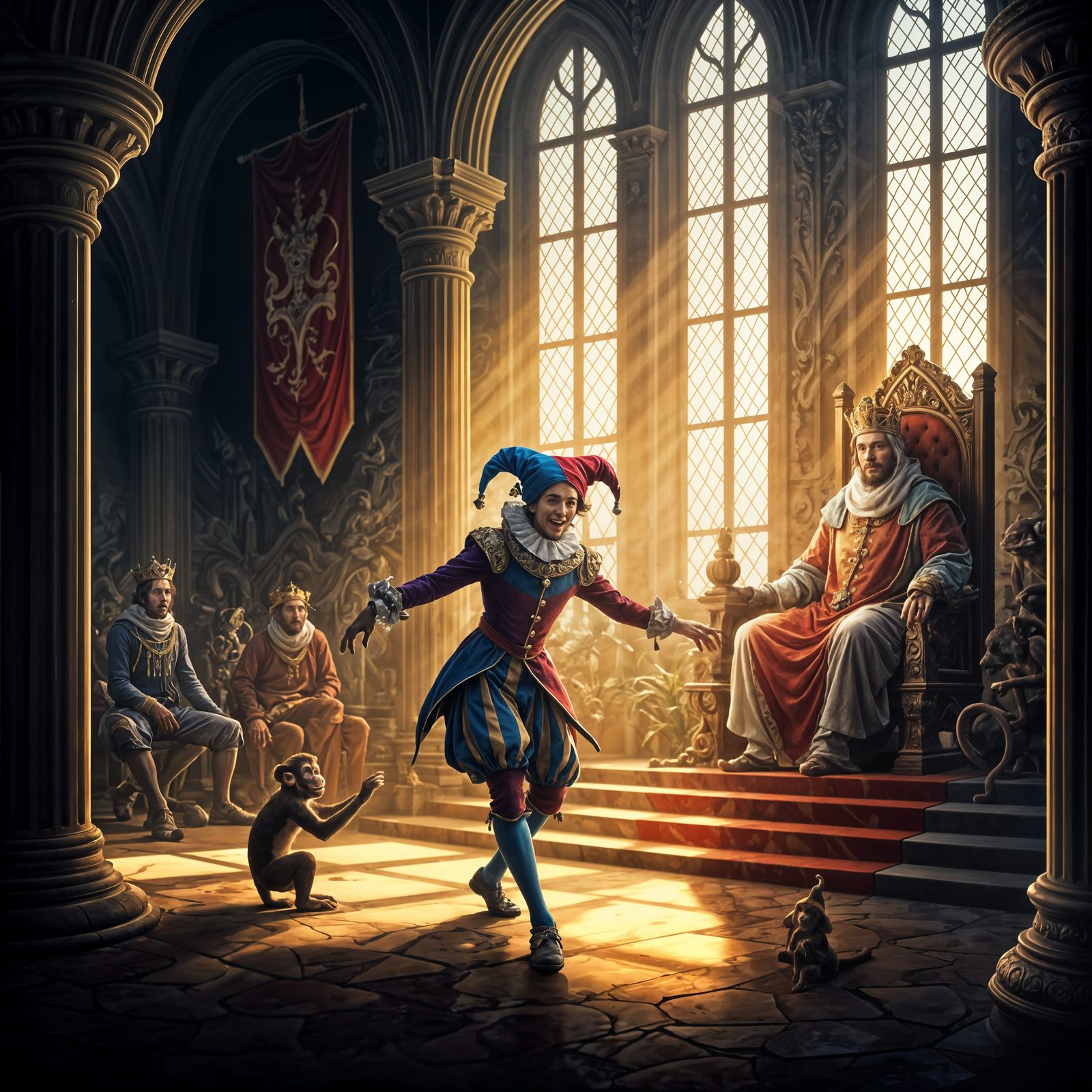Vibrant Jester Dances with Loyal Monkey in Royal Court
