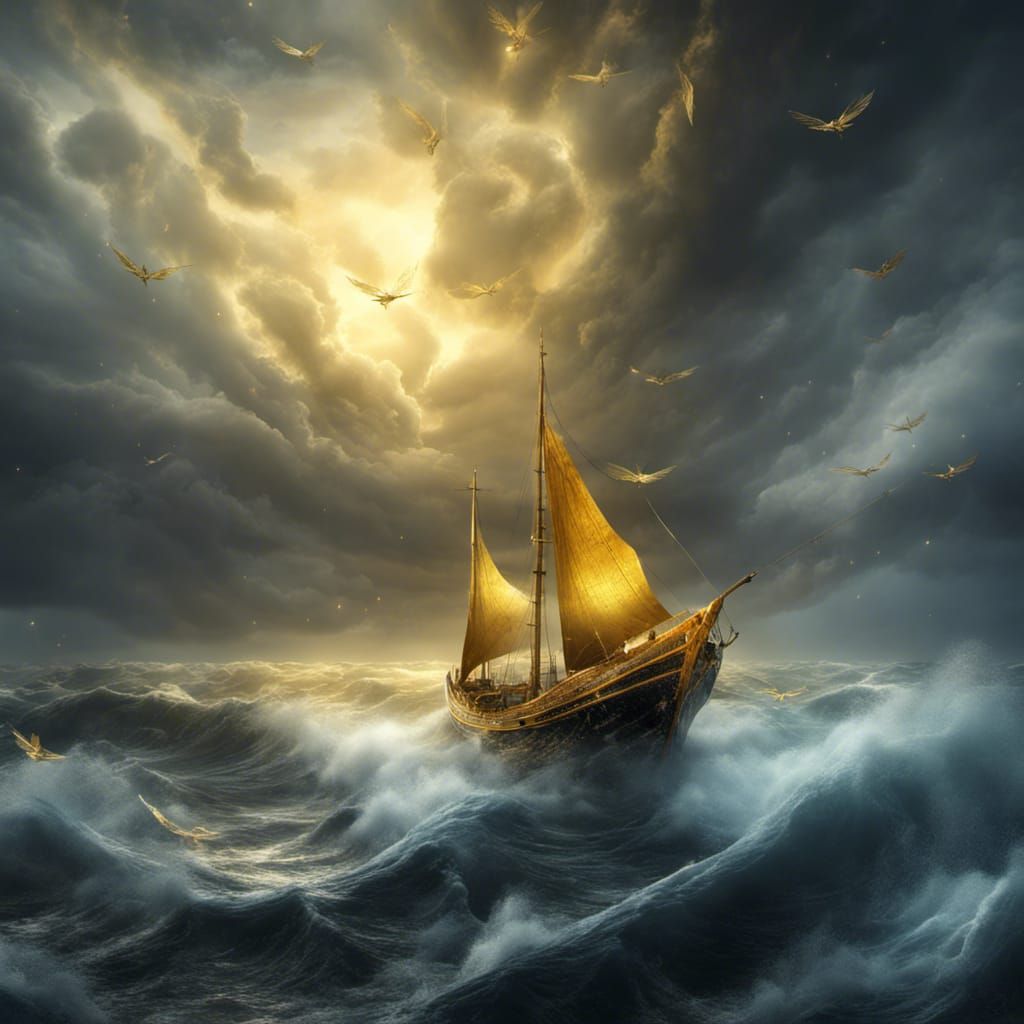 Futuristic Fairies Fly Over Stormy Golden Sea