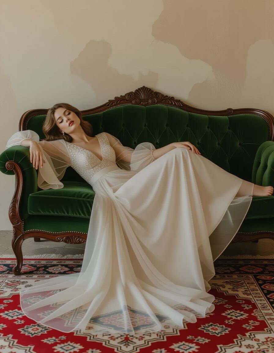 Woman in Flowing Gown Reclining on Vintage Velvet Couch