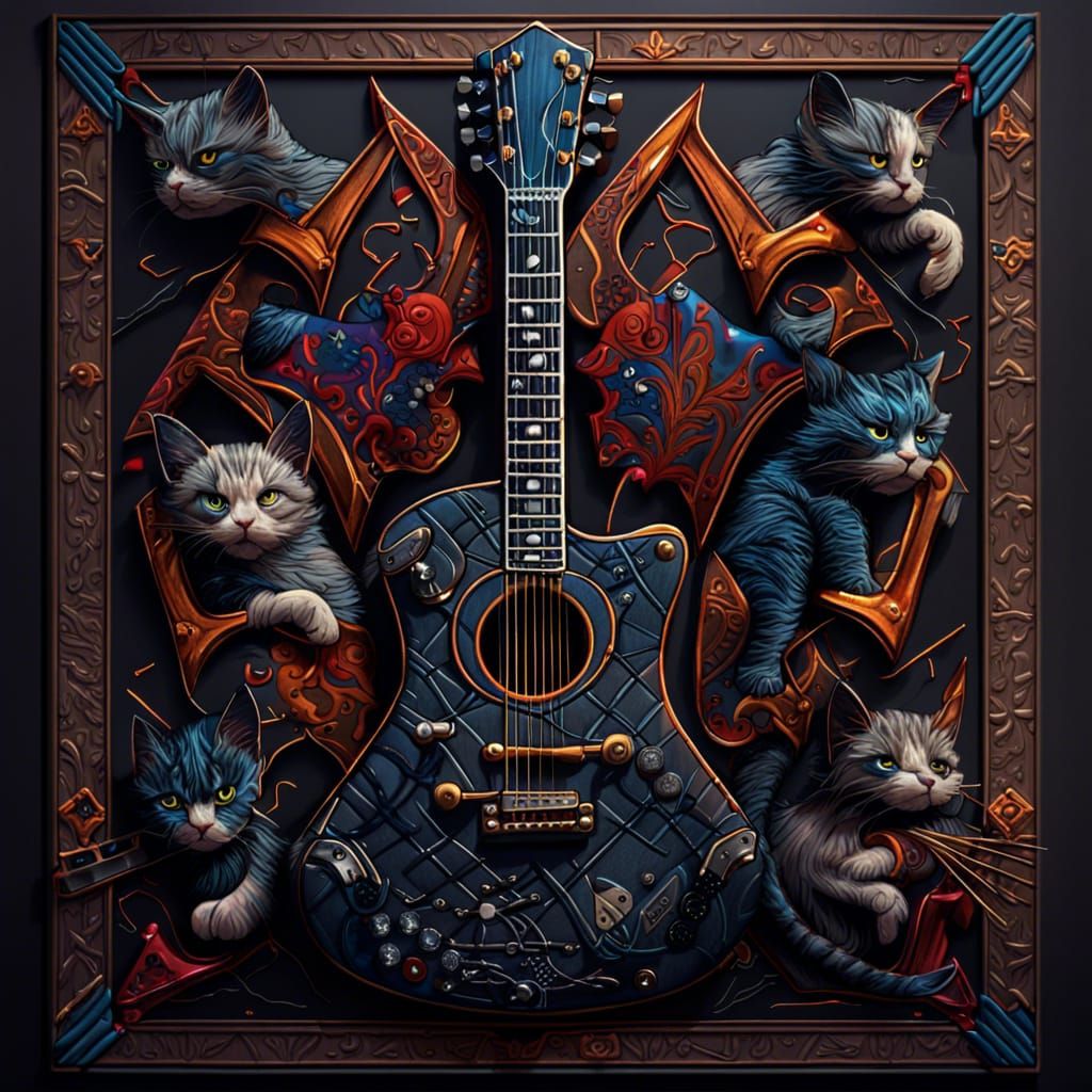 Heavy Metal Quilt Pattern with Cats and Guitars