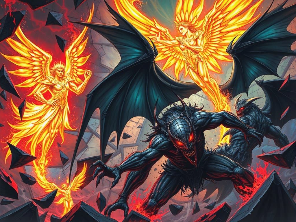 Celestial Beings Battle Demons in Dark Fantasy Art