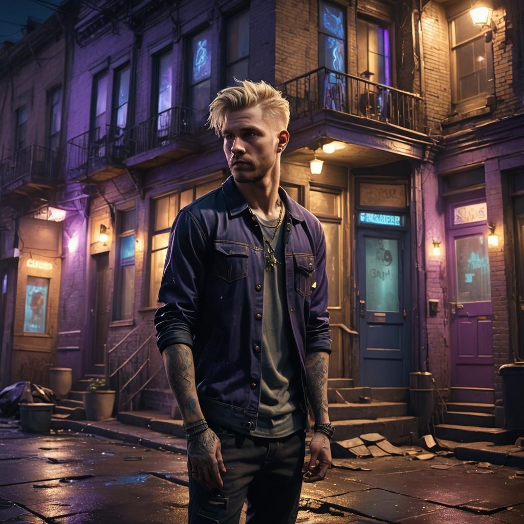 Neon Lit Tenement Stoop Portrait in Fantasy Realism