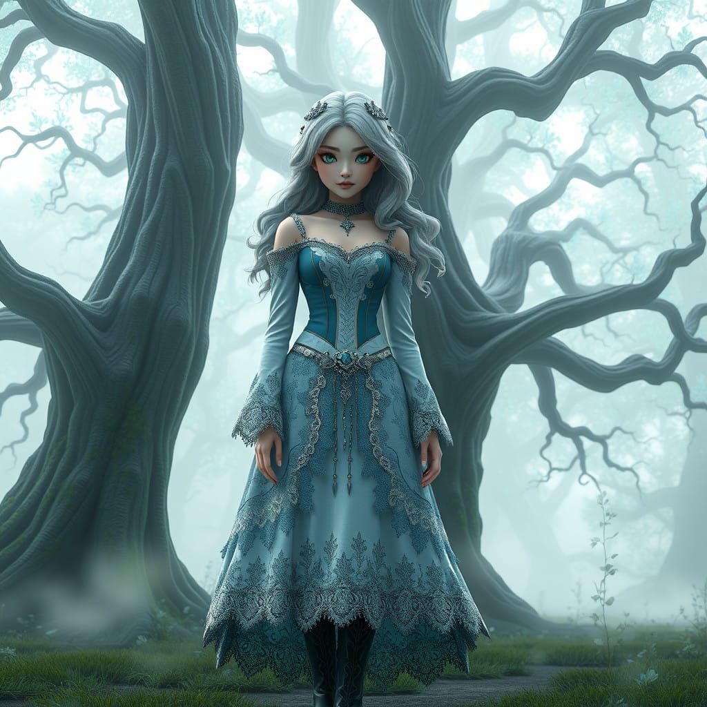 Ethereal Victorian Goddess in Anime-Inspired Fantasy Landsca...