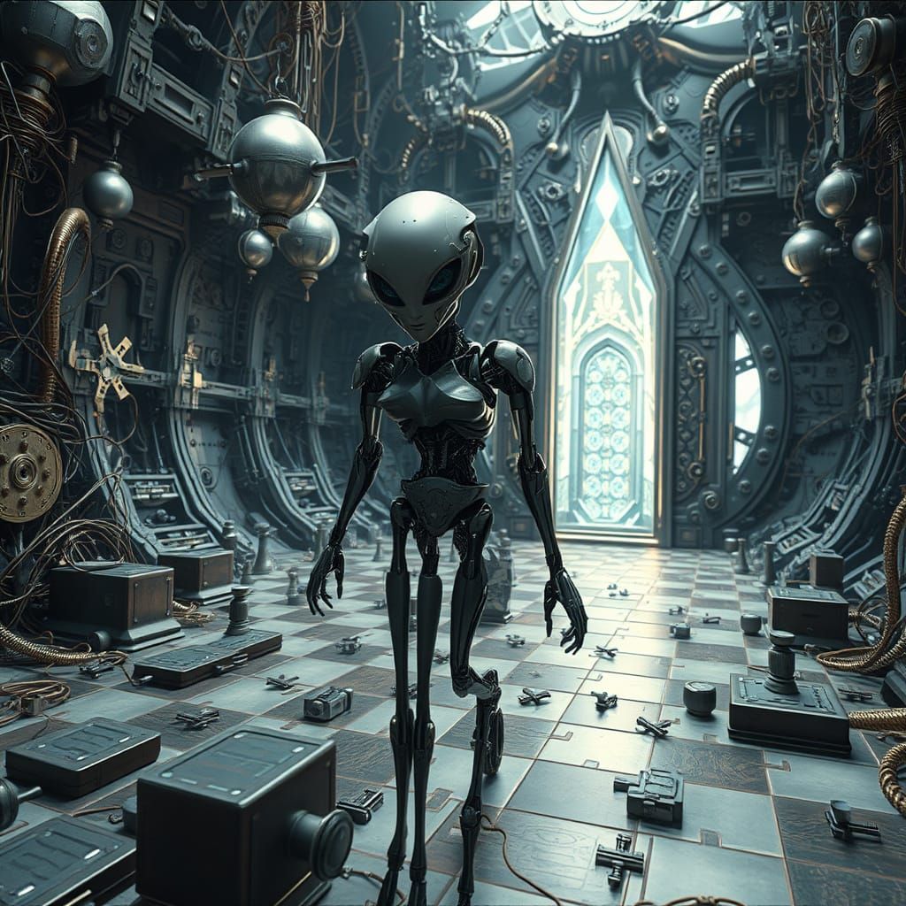 Surreal Robot Woman Lost in Fractal Multiverse