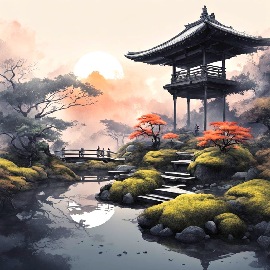 Twilight Zen Garden in Watercolor Style