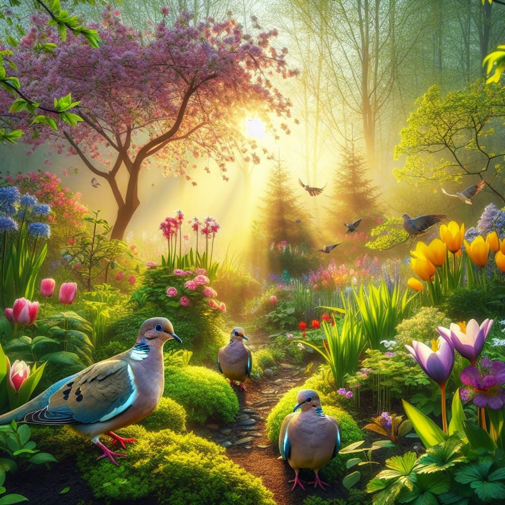 Spring Garden at Dawn with Mourning Doves