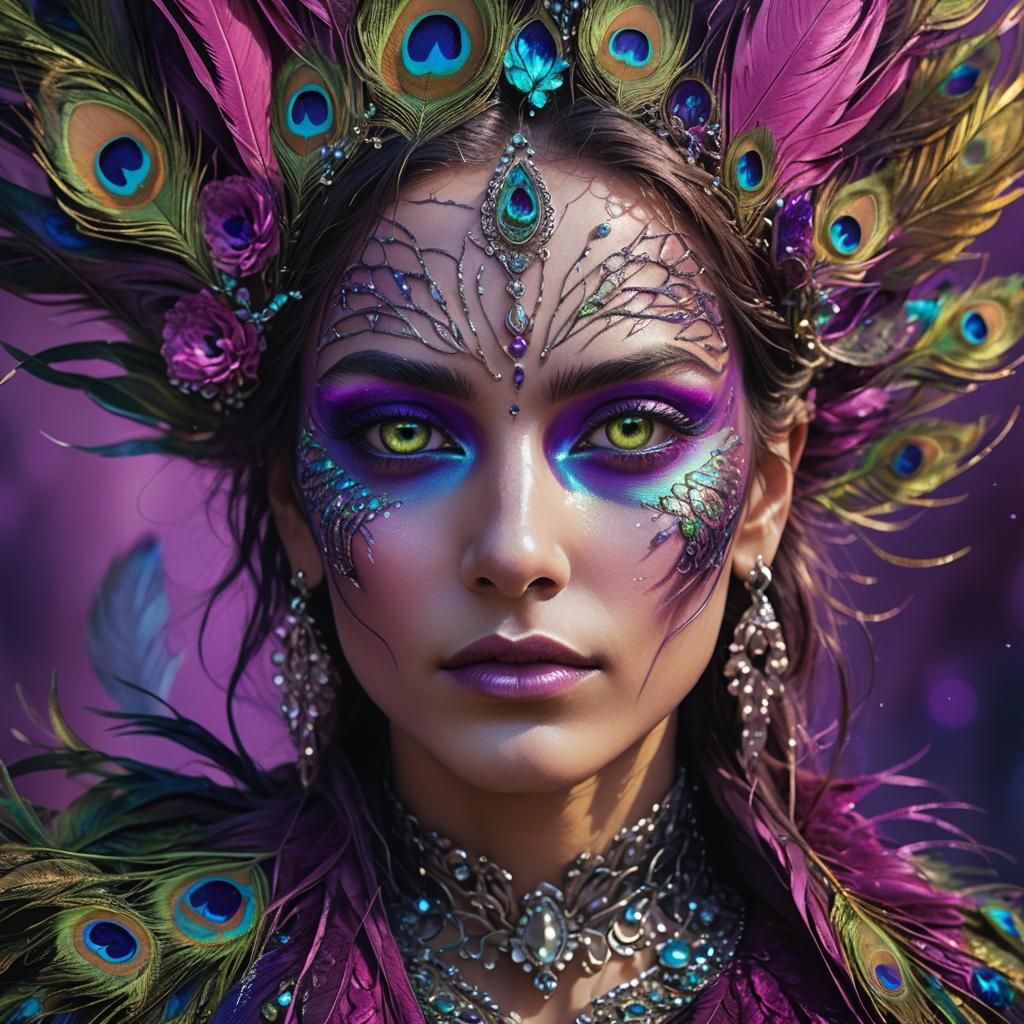 Fantastical Woman Portrait with Peacock Feathers, Concept Ar...