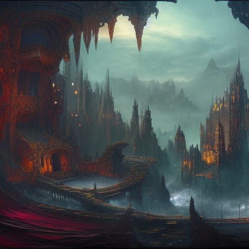 Fantastical Cave Castle in Detailed Matte Painting Style