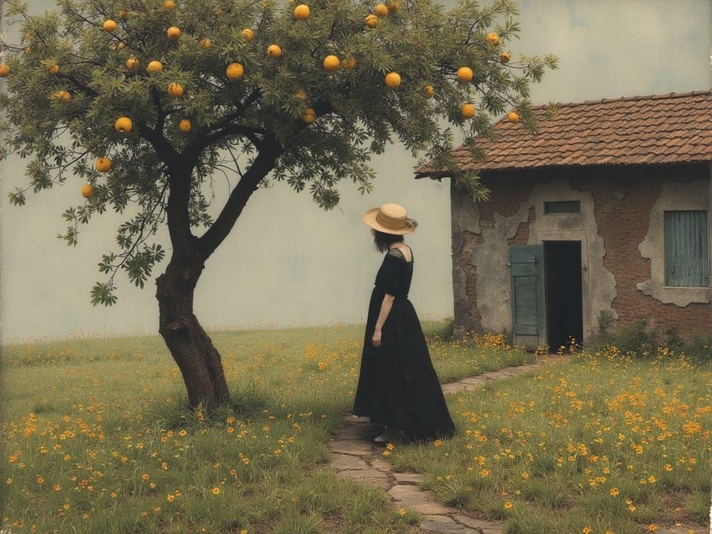 Surreal Rural Village Scene with Wildflowers and Serene Woma...