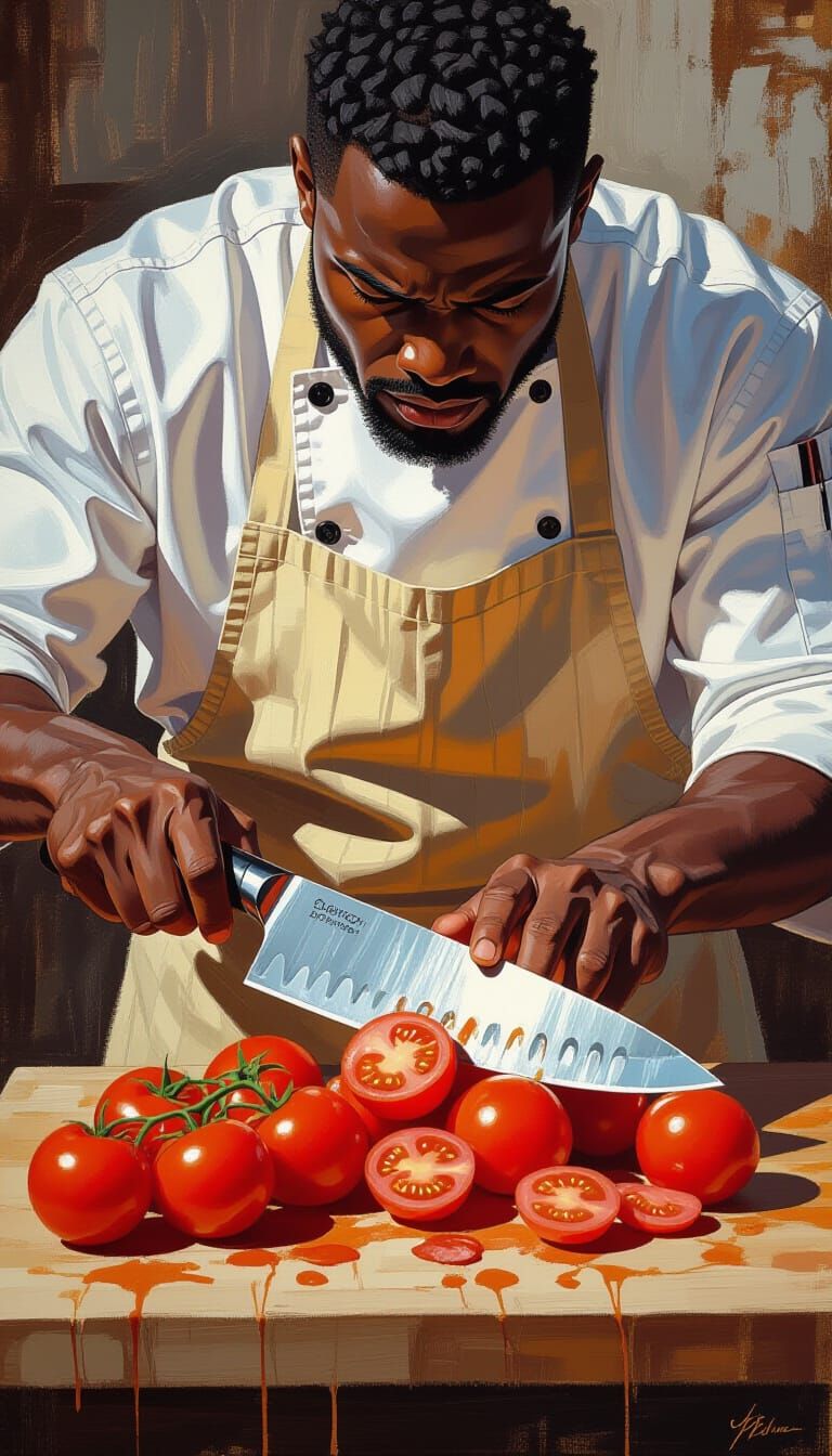 Tomatoes Being Sliced With Butcher Knife