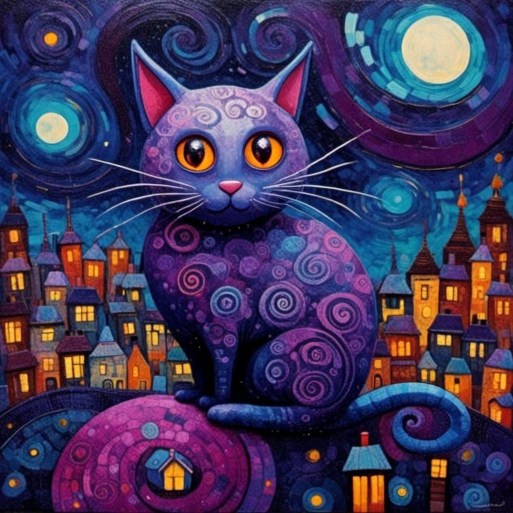 Cute Cat on Rooftops: Abstract Expressionist Oil Painting