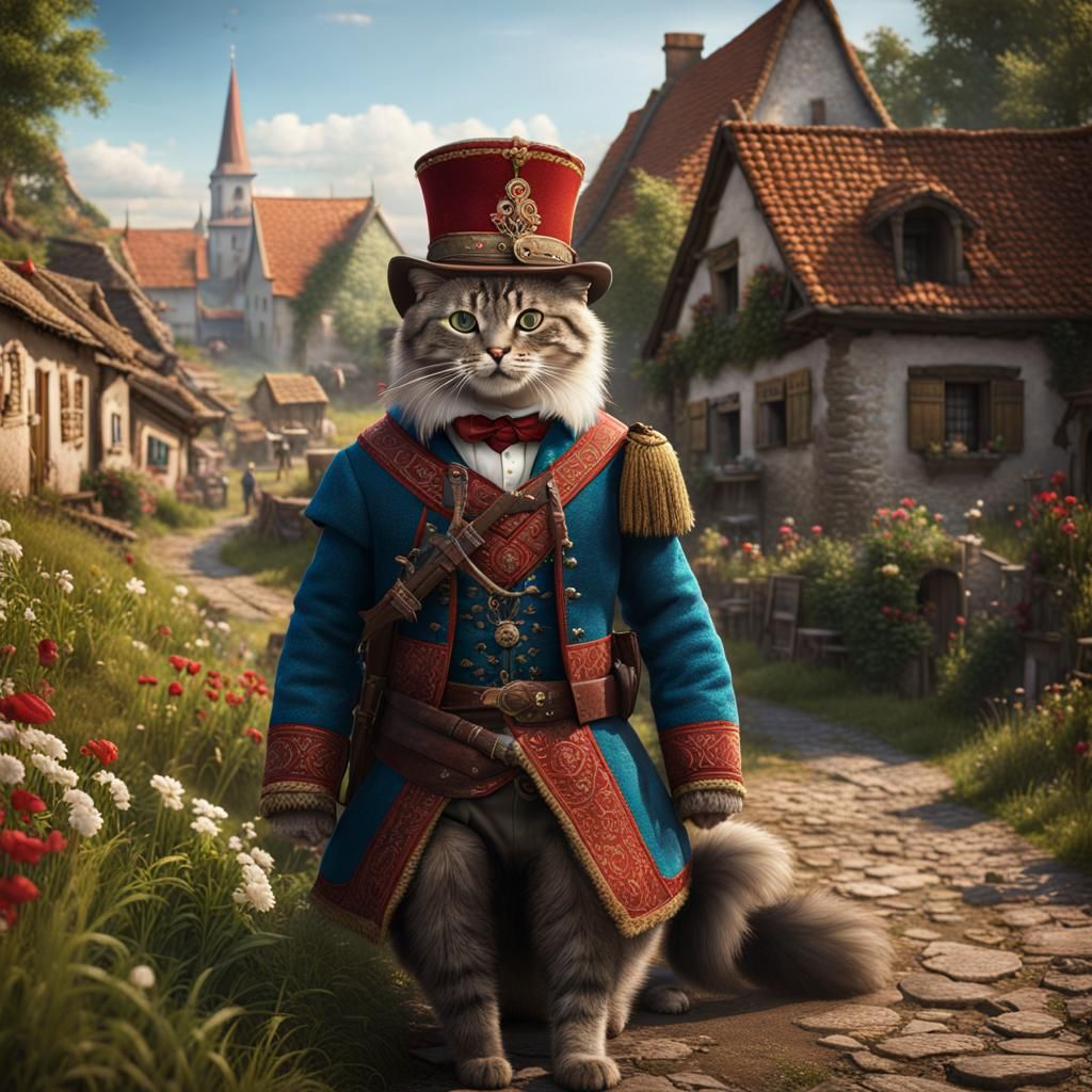 Cat in Traditional Hungarian Clothing, Detailed Matte Painti...