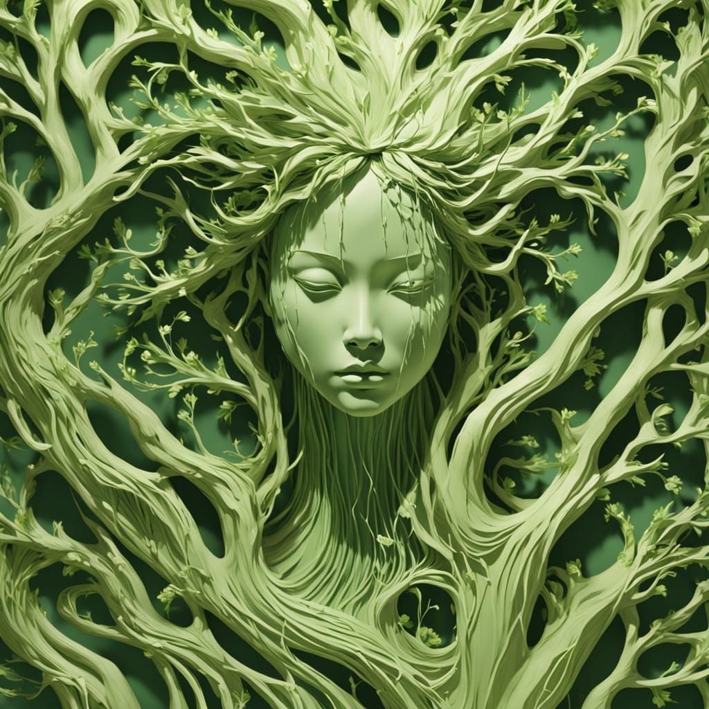 Sculpted Japanese Woman Emerging from Wall, Flowing Light