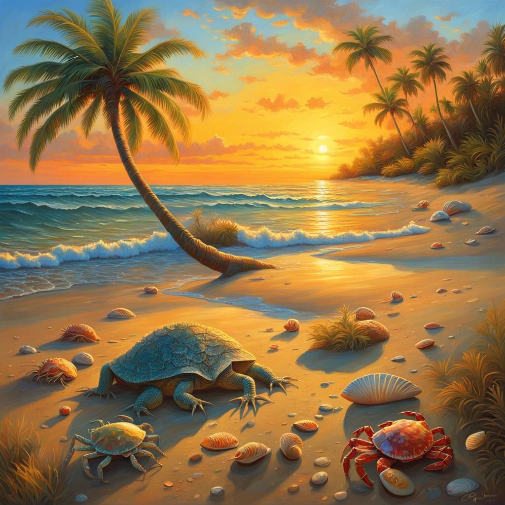 Beach Sunset with Palm Trees, Oil Painting Style