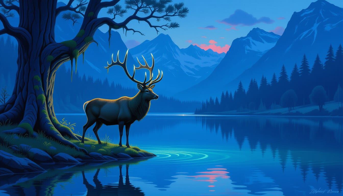 Majestic Stag by Mountain Lake in Twilight