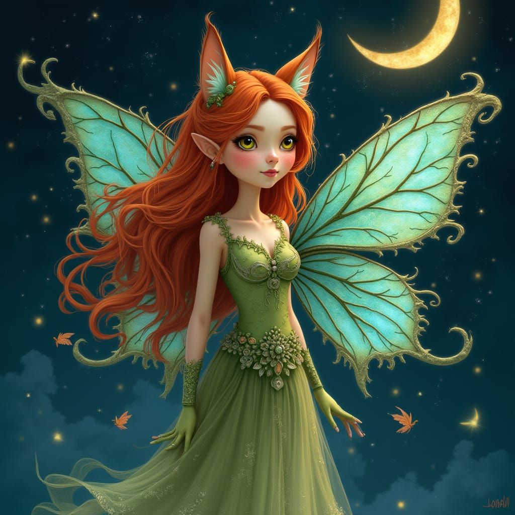 Ginger Fairy in Whimsical Leaf Dress with Iridescent Wings