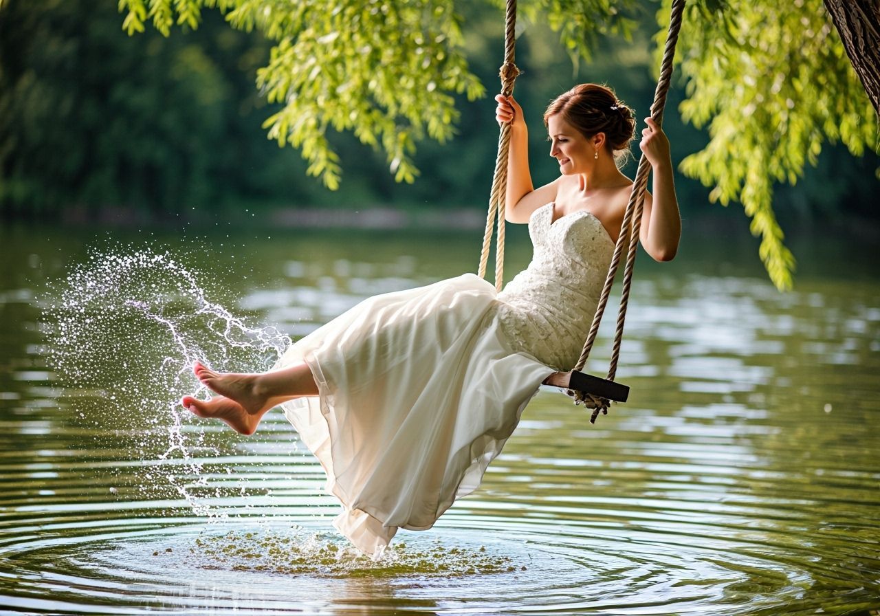 Barefoot Bride on Tree Swing Over Lake