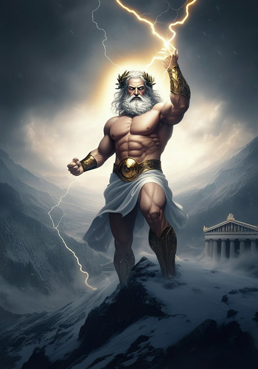 Greek god Zeus hurling a lightning bolt from Mount Olymous.