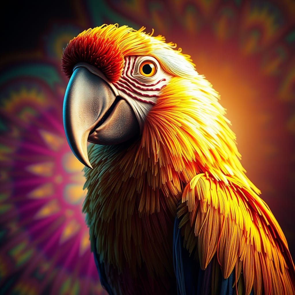 Colorful String Parrot in Hyperrealistic Splash Art Style