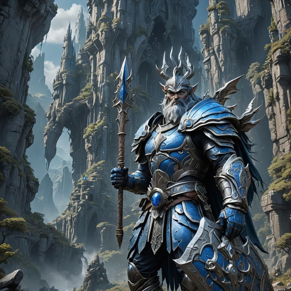 Blue and Silver Giant with Spear: Fantasy Art