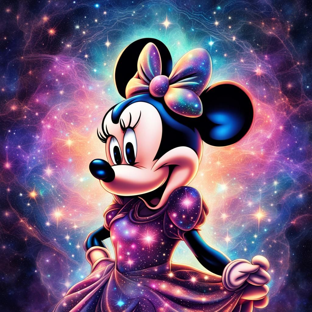 Holographic Minnie Mouse in Astral Cosmic Art Style