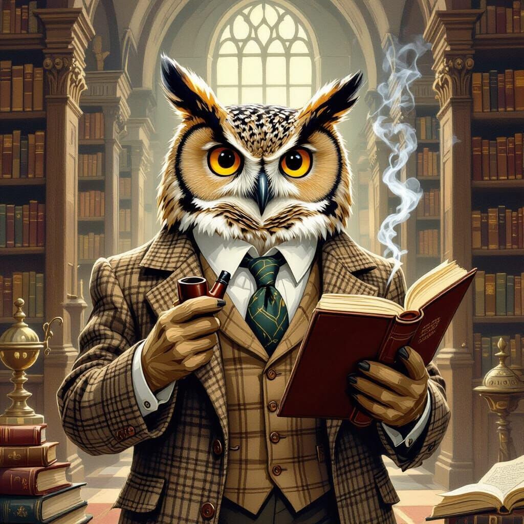 Anthropomorphic Owl in Library, Storybook Illustration