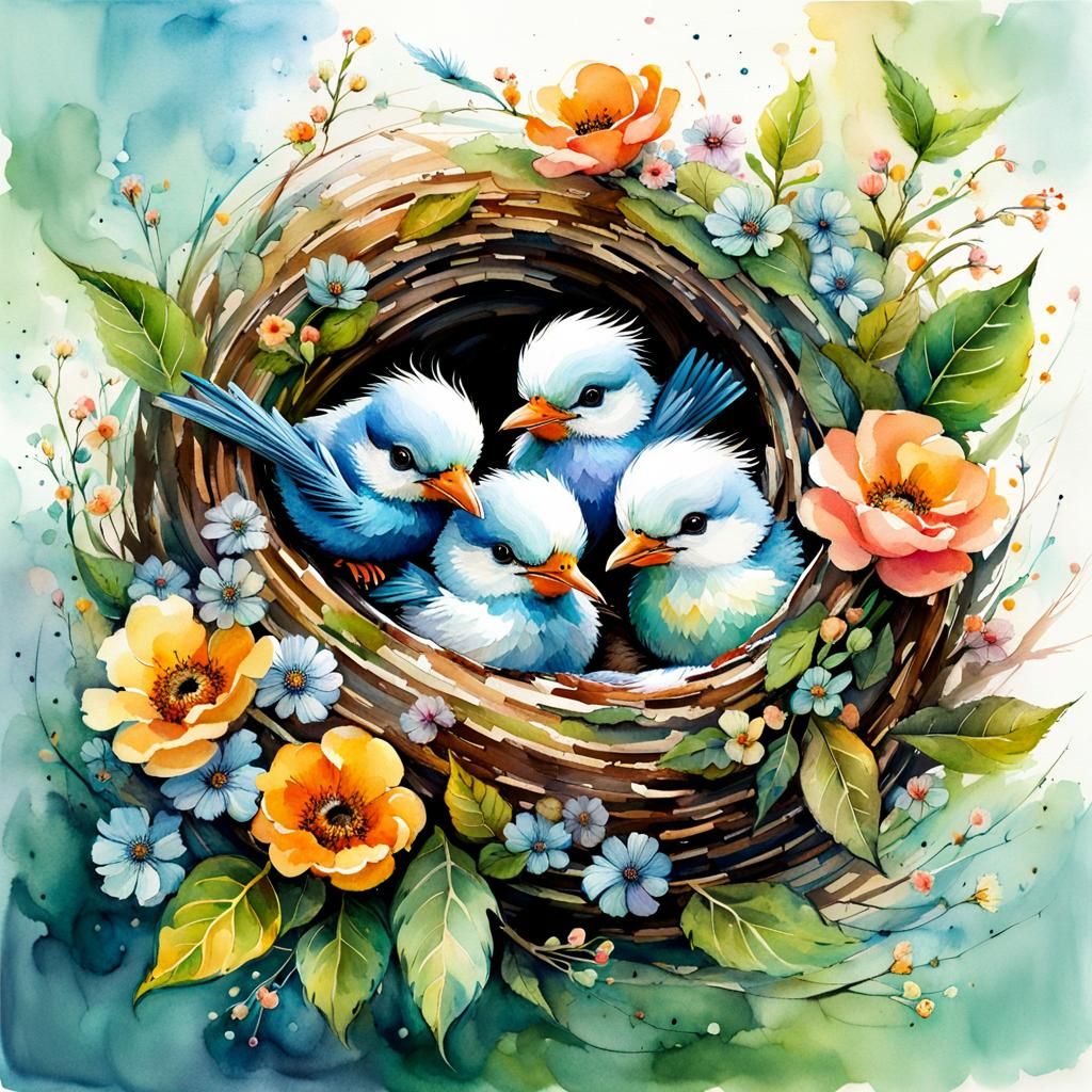 Baby Birds in Nest, Digital Watercolor Illustration
