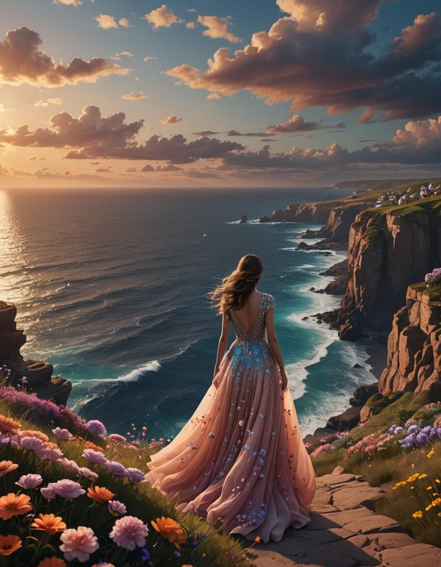 Woman on Cliff at Sunset, 3D Game Art