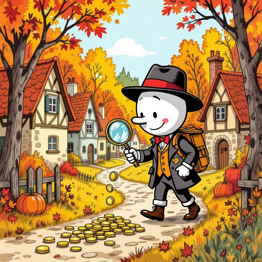 Cartoon Stick Detective Investigates Autumn Gold Trail