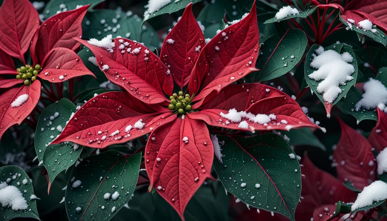 Hyperdetailed Macro Photo of Red Poinsettia with Snow