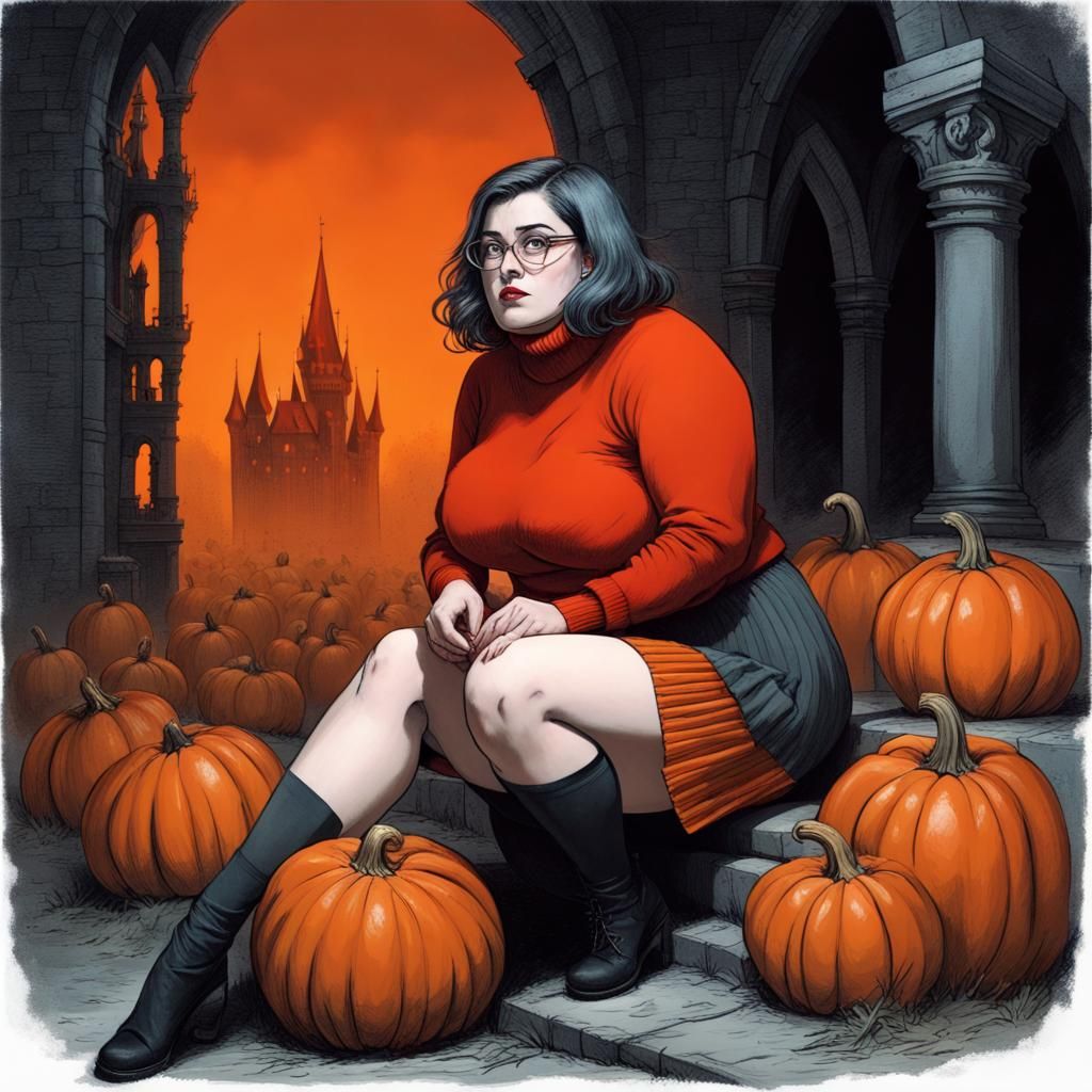 Scared Woman on Pumpkin in Front of Dracula's Castle