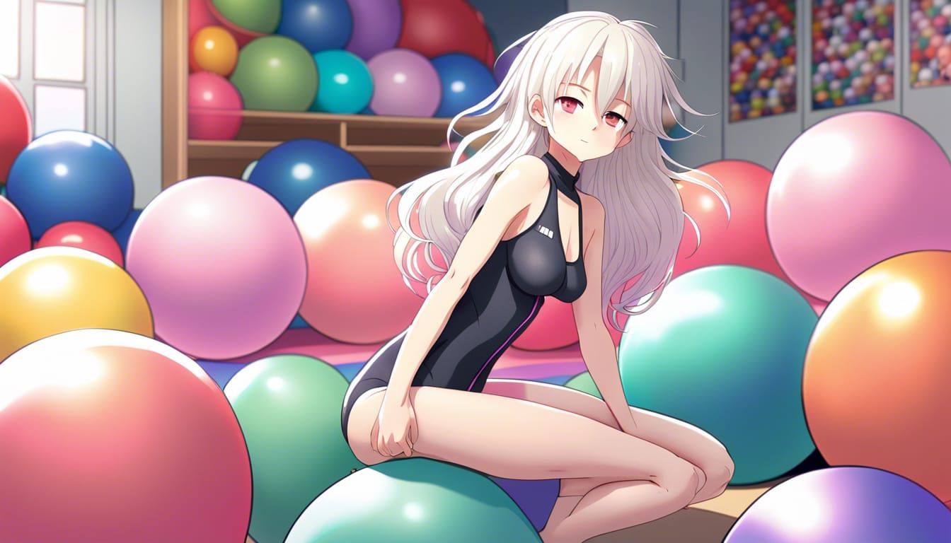 Anime Girl in Swimsuit on Yoga Balls