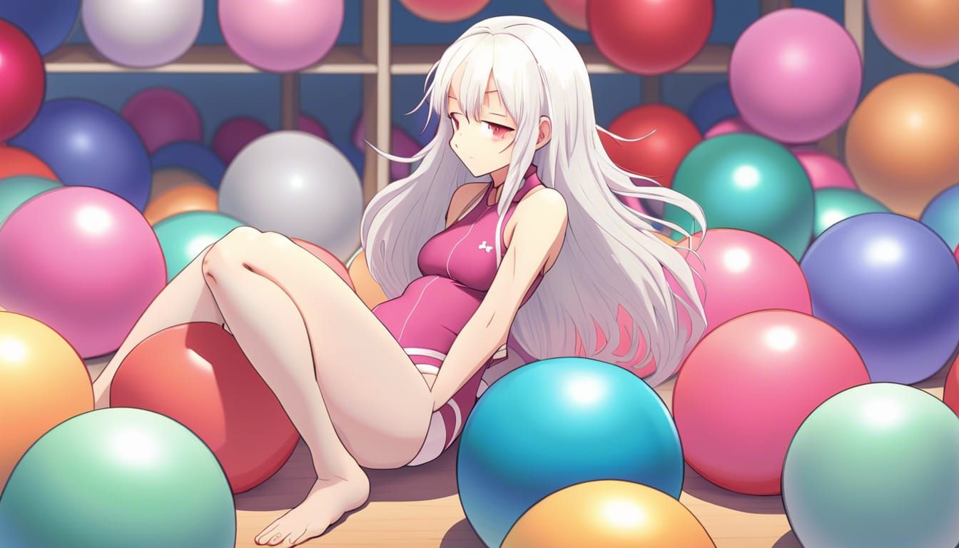 Anime Girl Lounging on Yoga Balls in Playroom