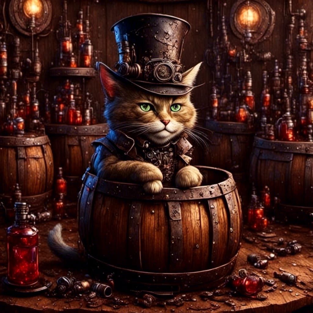 Steampunk Cat in Top Hat on Whiskey Barrel