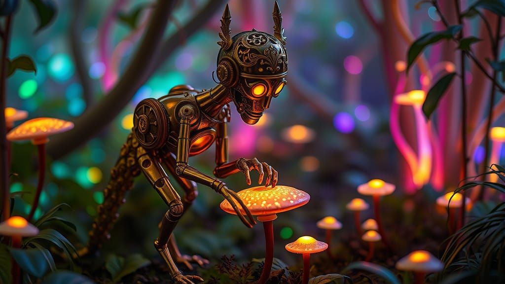 Brass Automaton in Bioluminescent Forest