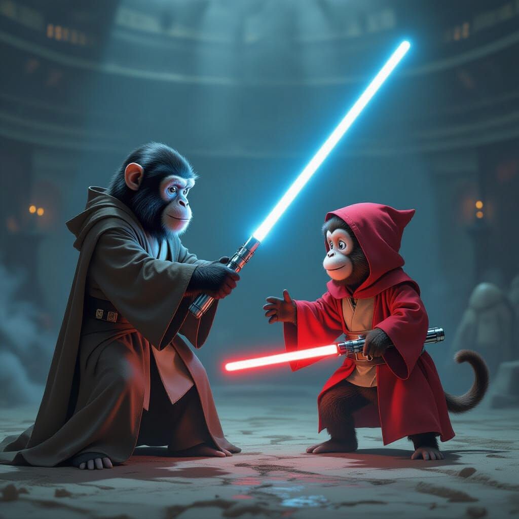 Epic Monkey Lightsaber Duel in Digital Painting Style