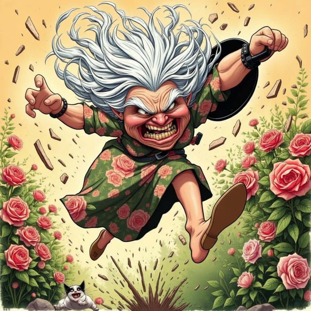 <lora:Angry Meemaw:1.0>  Angry Meemaw chases after a dog