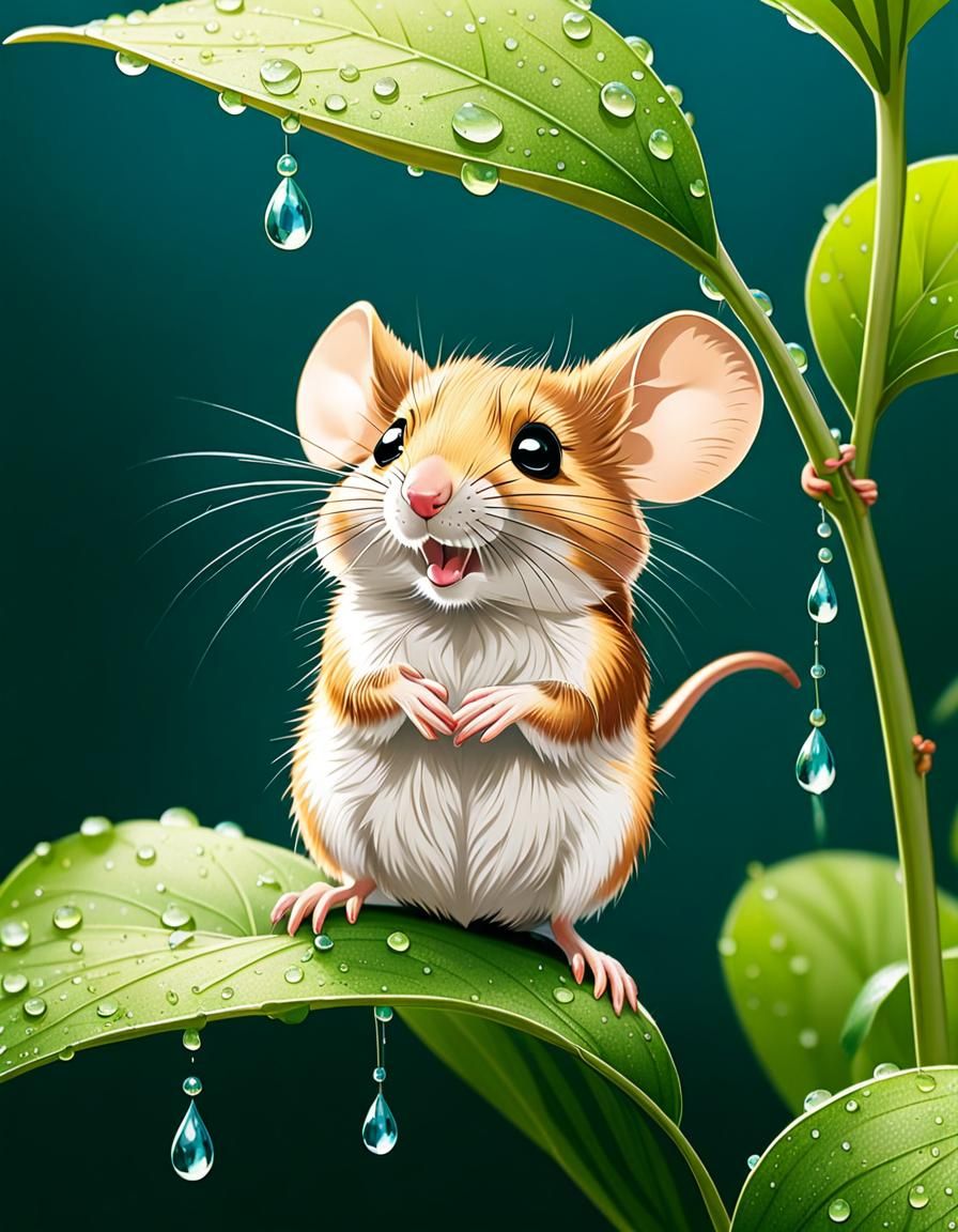 Cartoon Mouse Showering Under Leaf, Disney Style